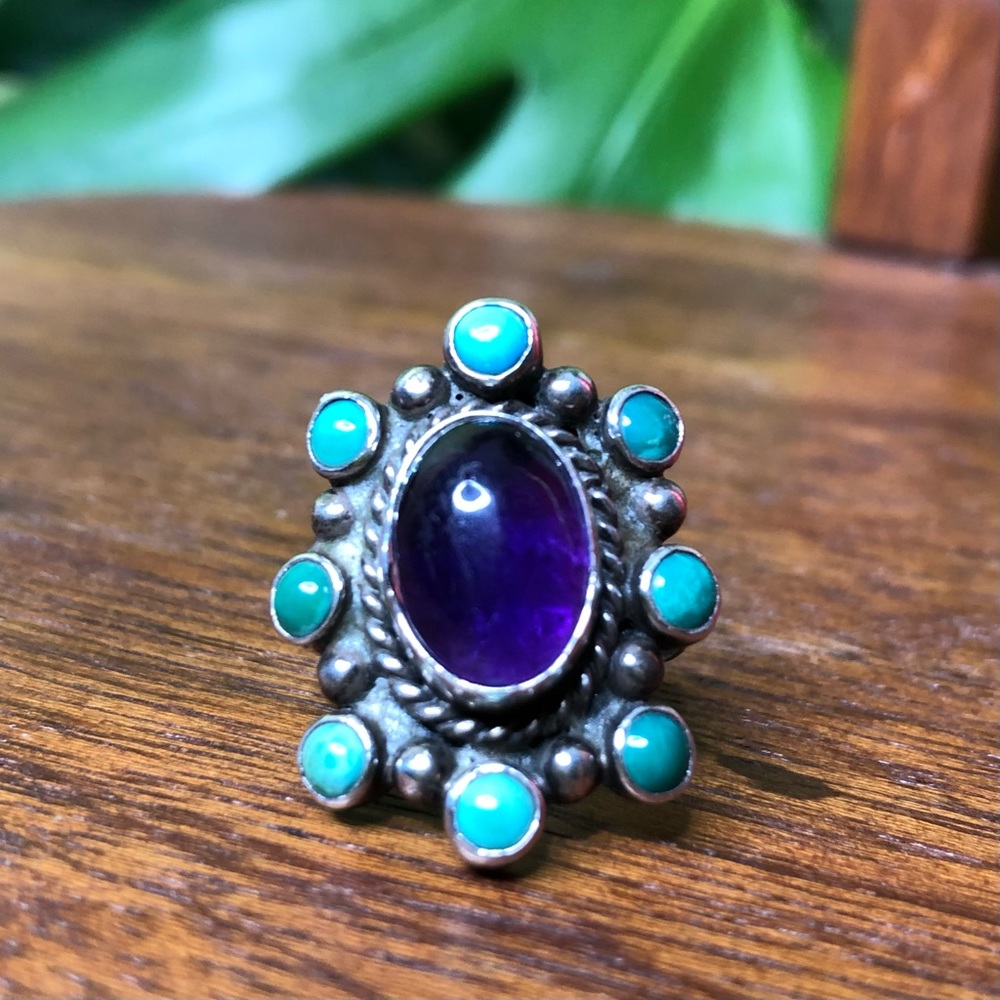 Sterling Silver Oval Cluster Real Turquoise and Amethyst-colored Ring